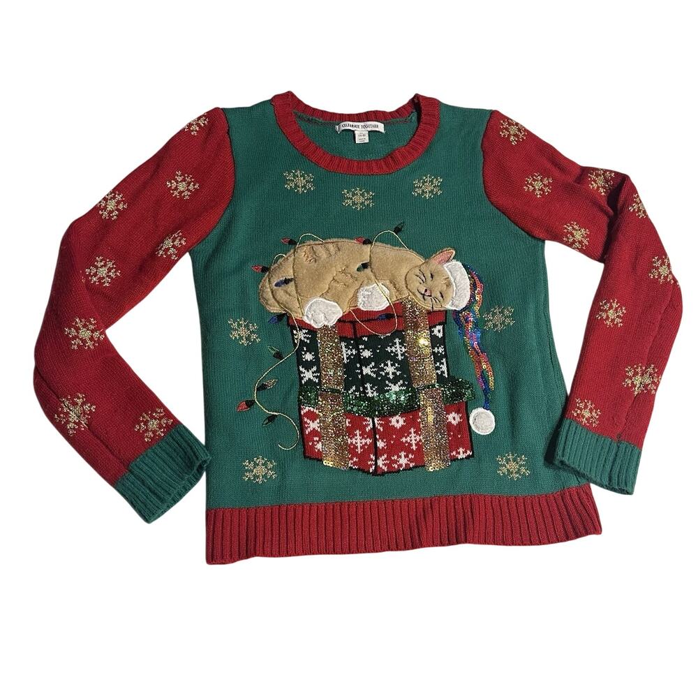 Celebrate Together Girls XL (14/16) Christmas Sweater Cat on Presents Party